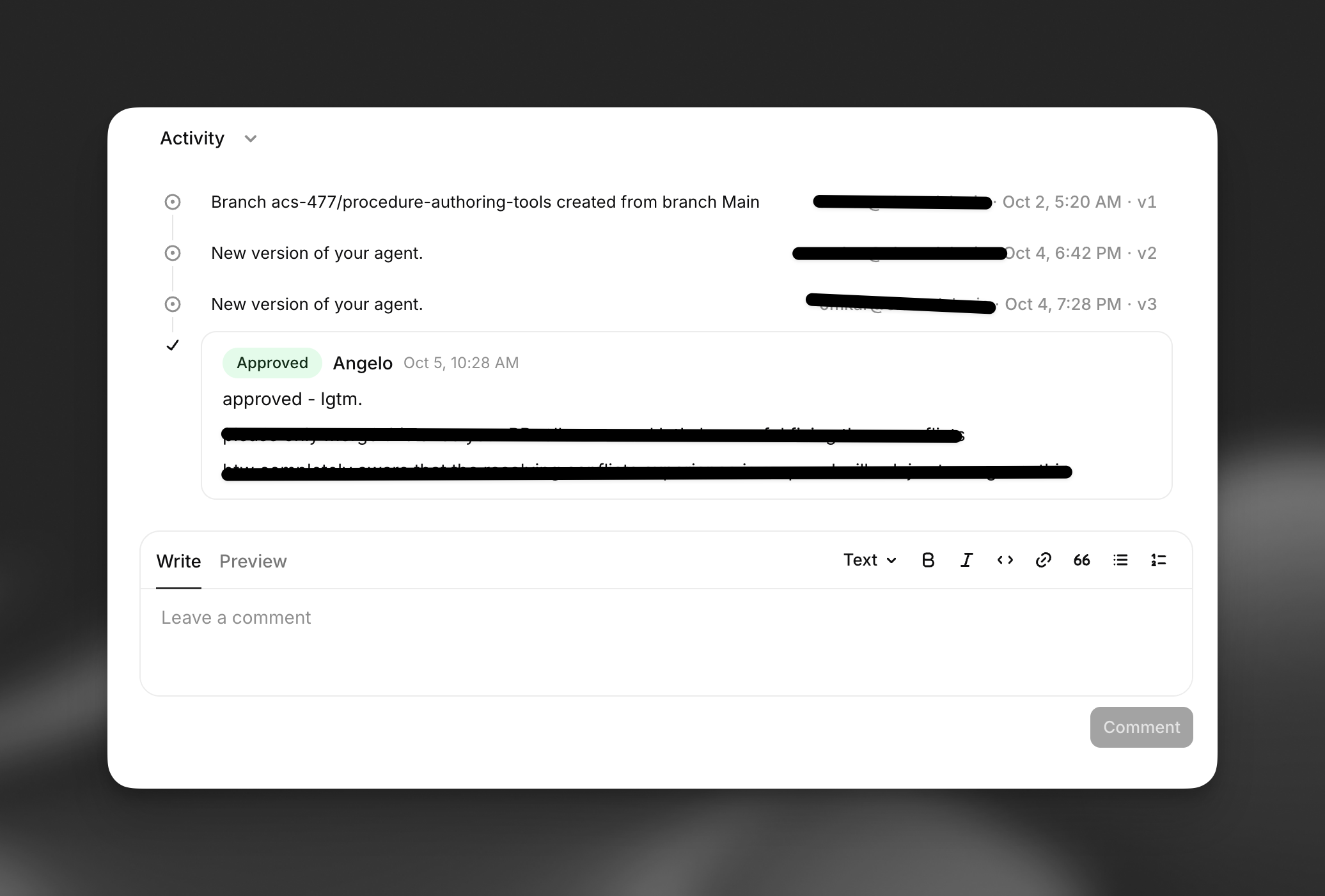Activity timeline of a merge proposal