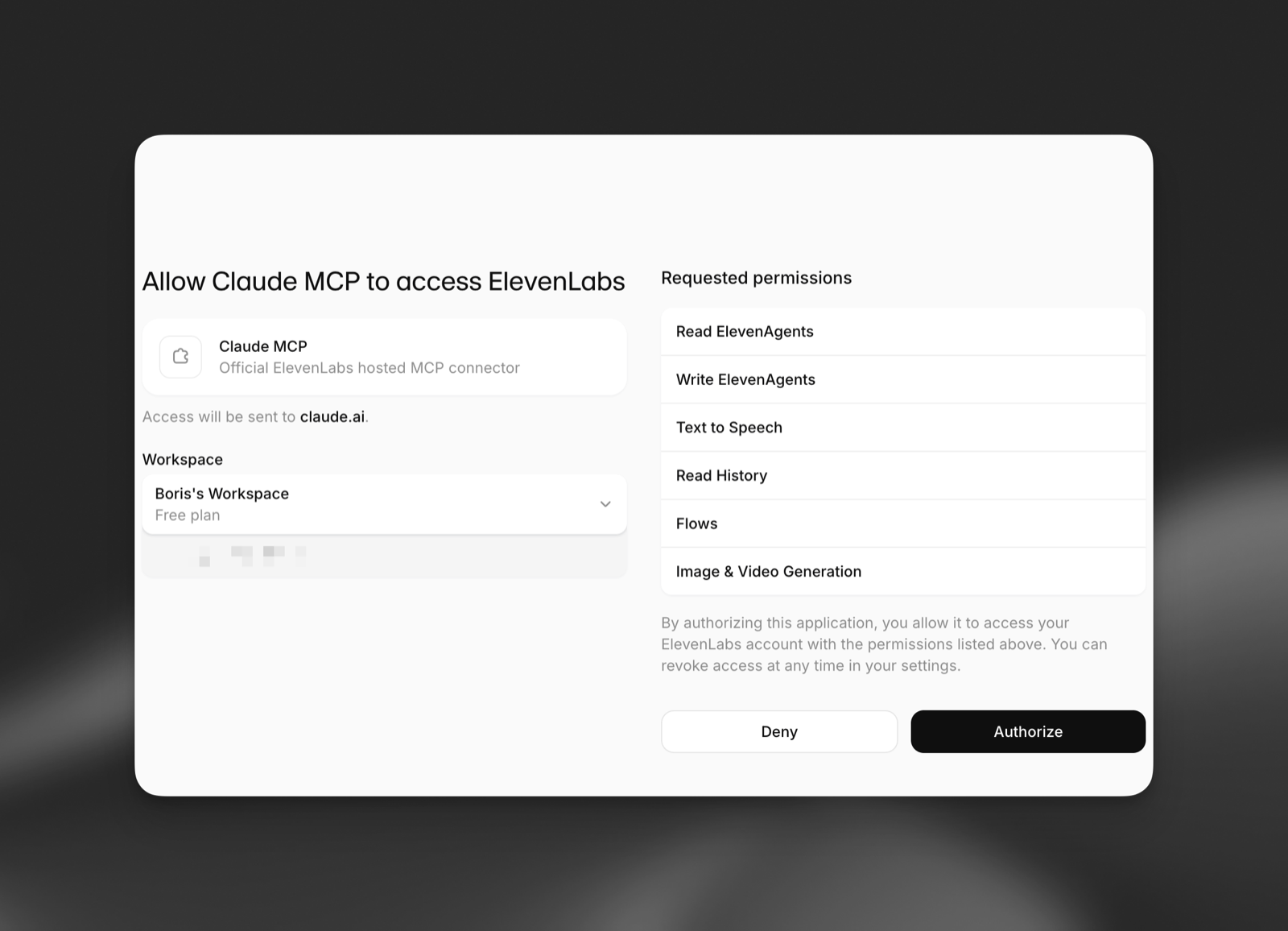 The ElevenLabs consent screen showing the workspace picker and requested permissions
