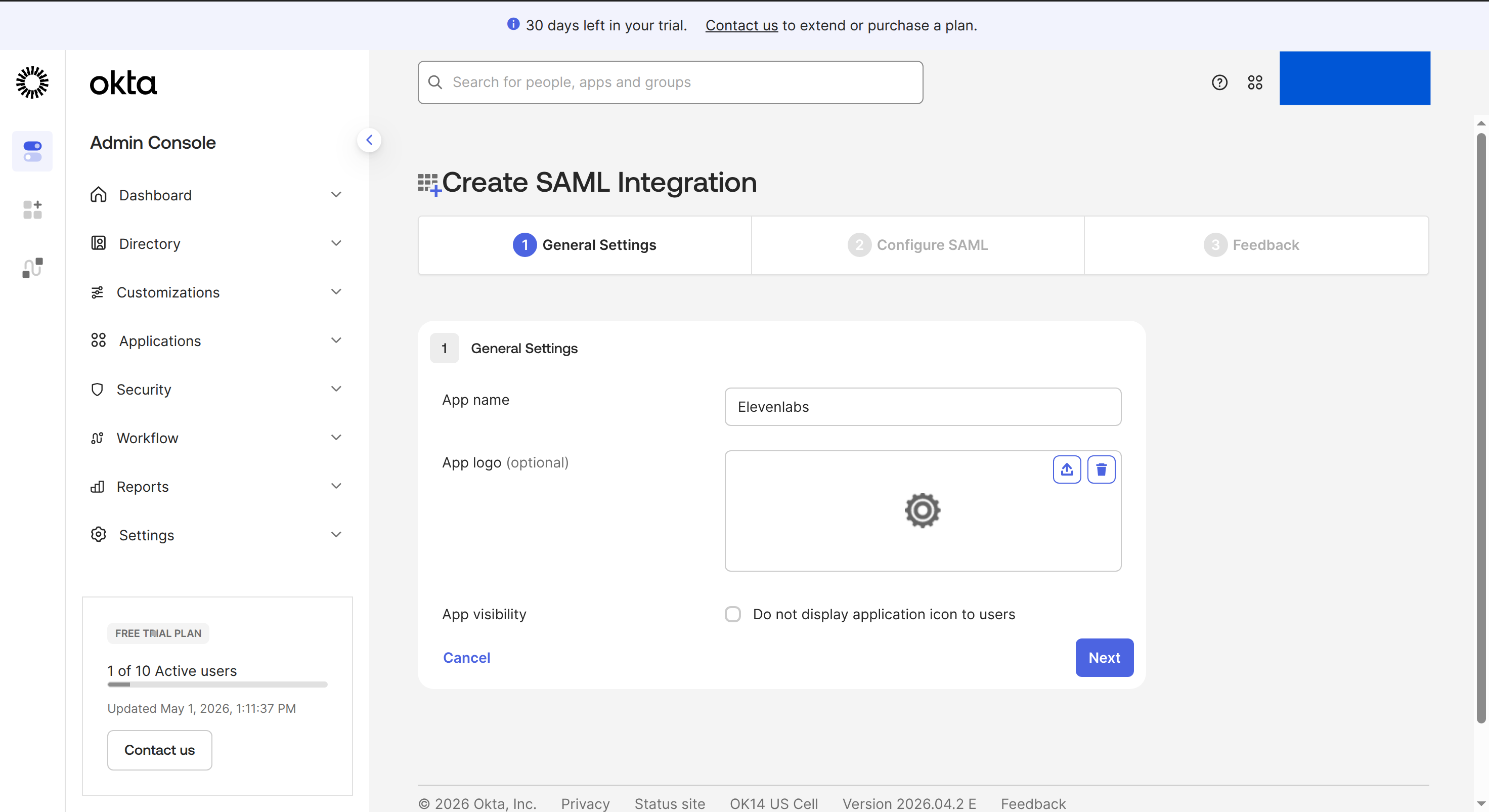 Okta Create SAML Integration general settings
