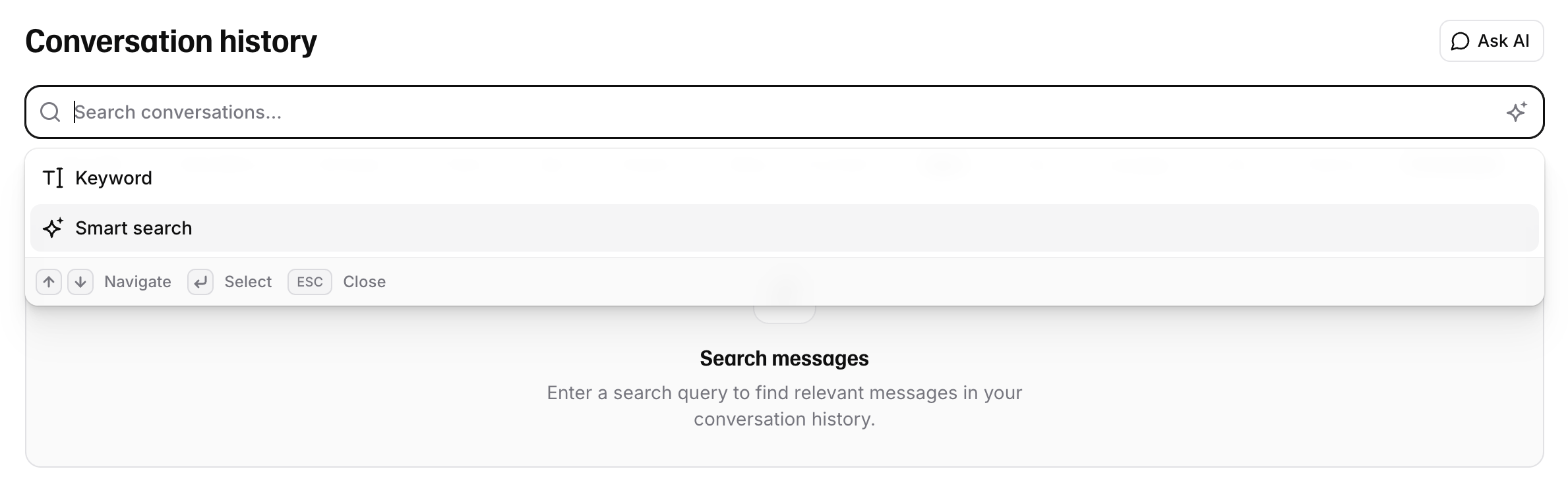 Champ de recherche dans l’historique des conversations avec le menu du mode de recherche
ouvert