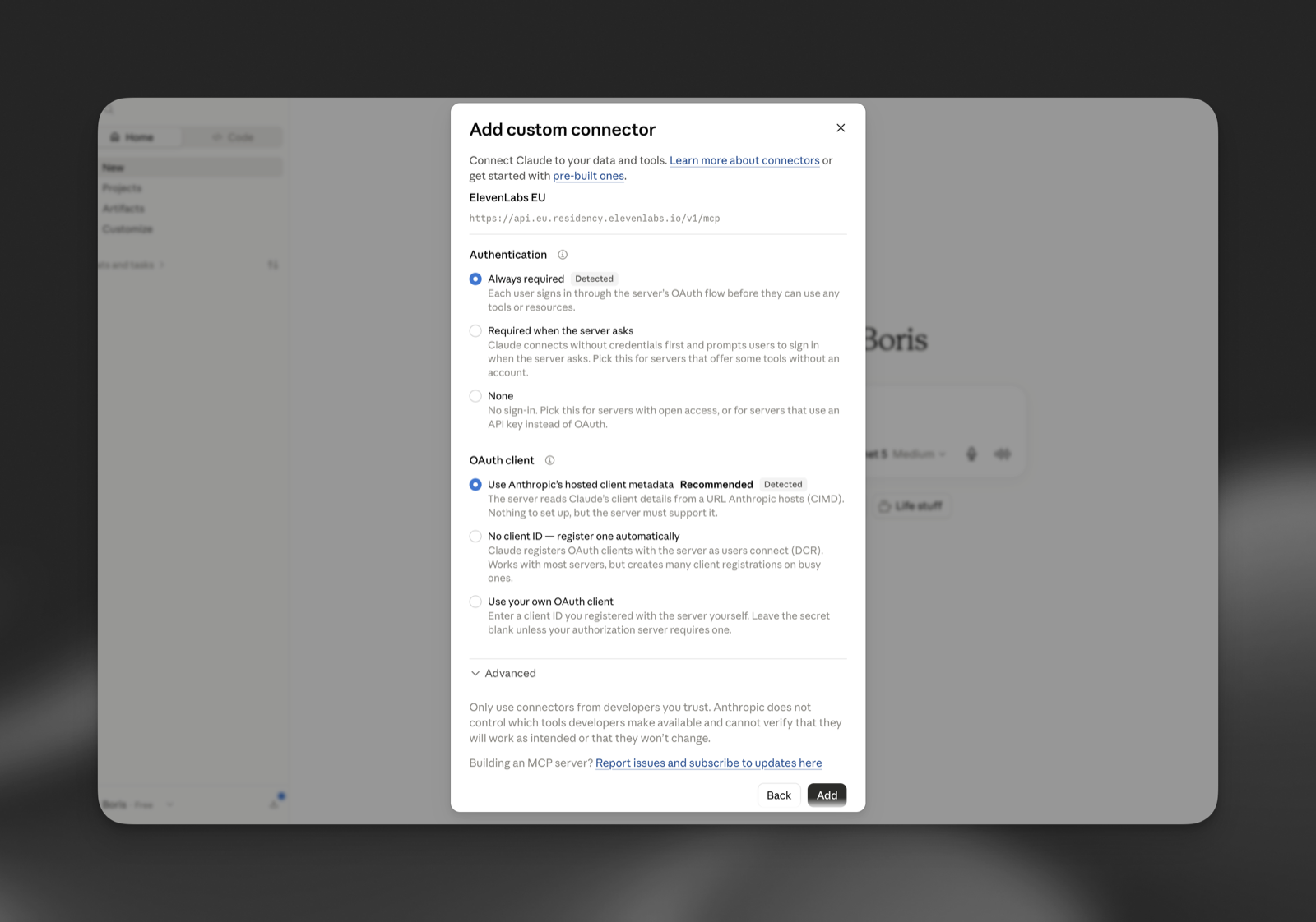 The connector authentication settings with Always required and hosted client metadata detected
