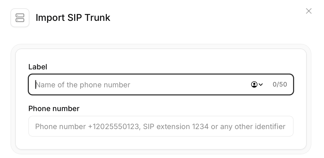 Grundkonfiguration des SIP-Trunks mit den Feldern Label und Phone number