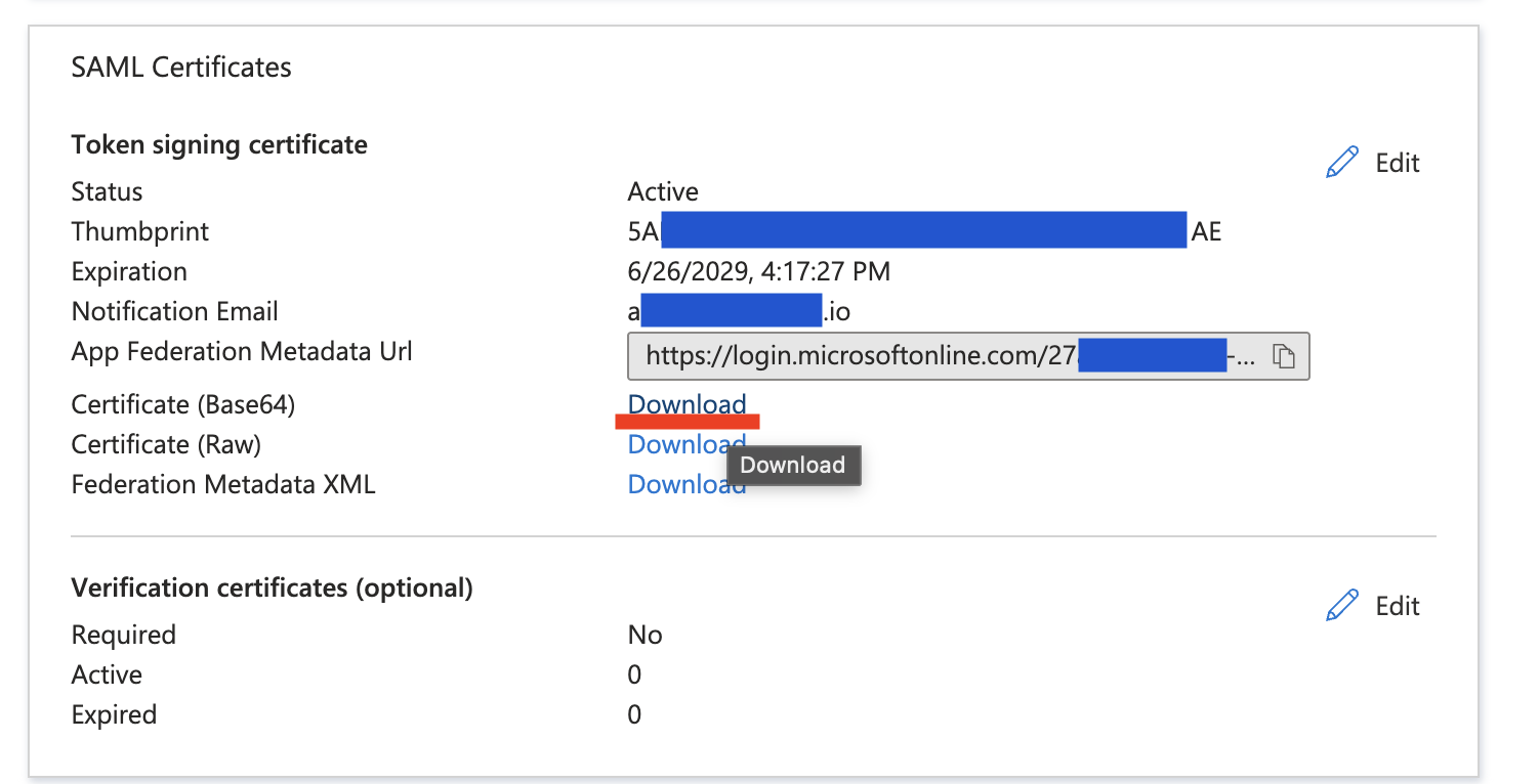 Microsoft Entra SAML Certificates with Certificate Base64 download