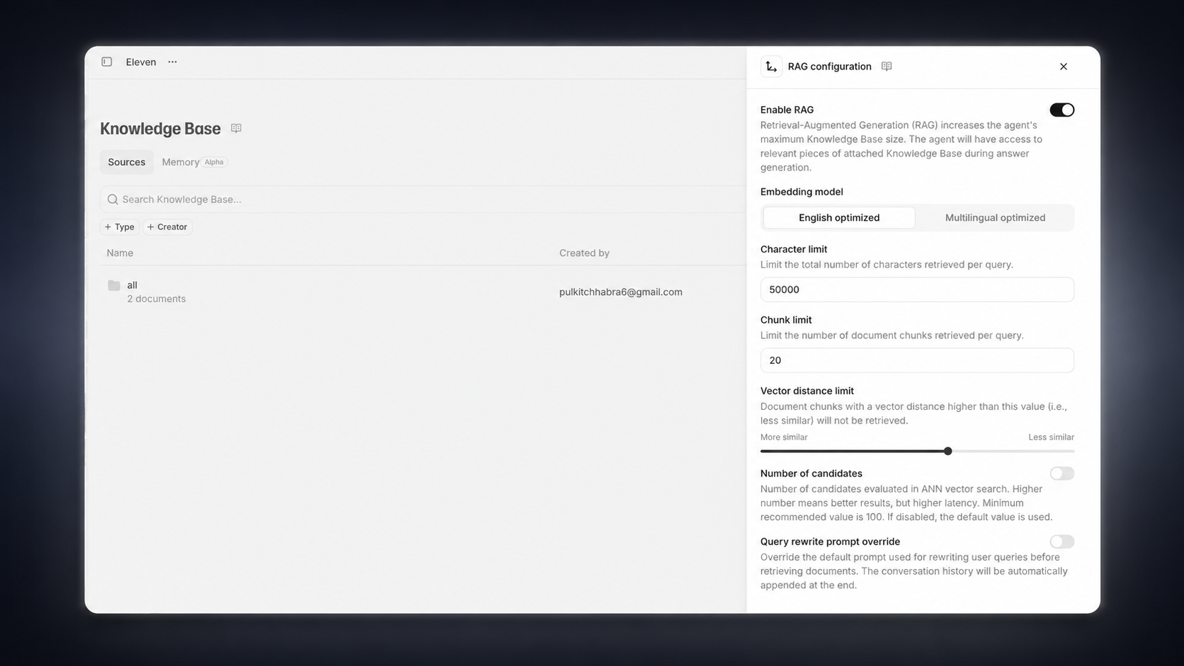 RAG configuration options including embedding model selection