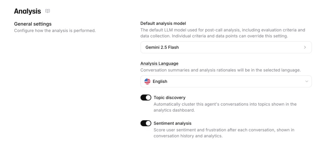 Analysis settings showing topic discovery and sentiment analysis
toggles