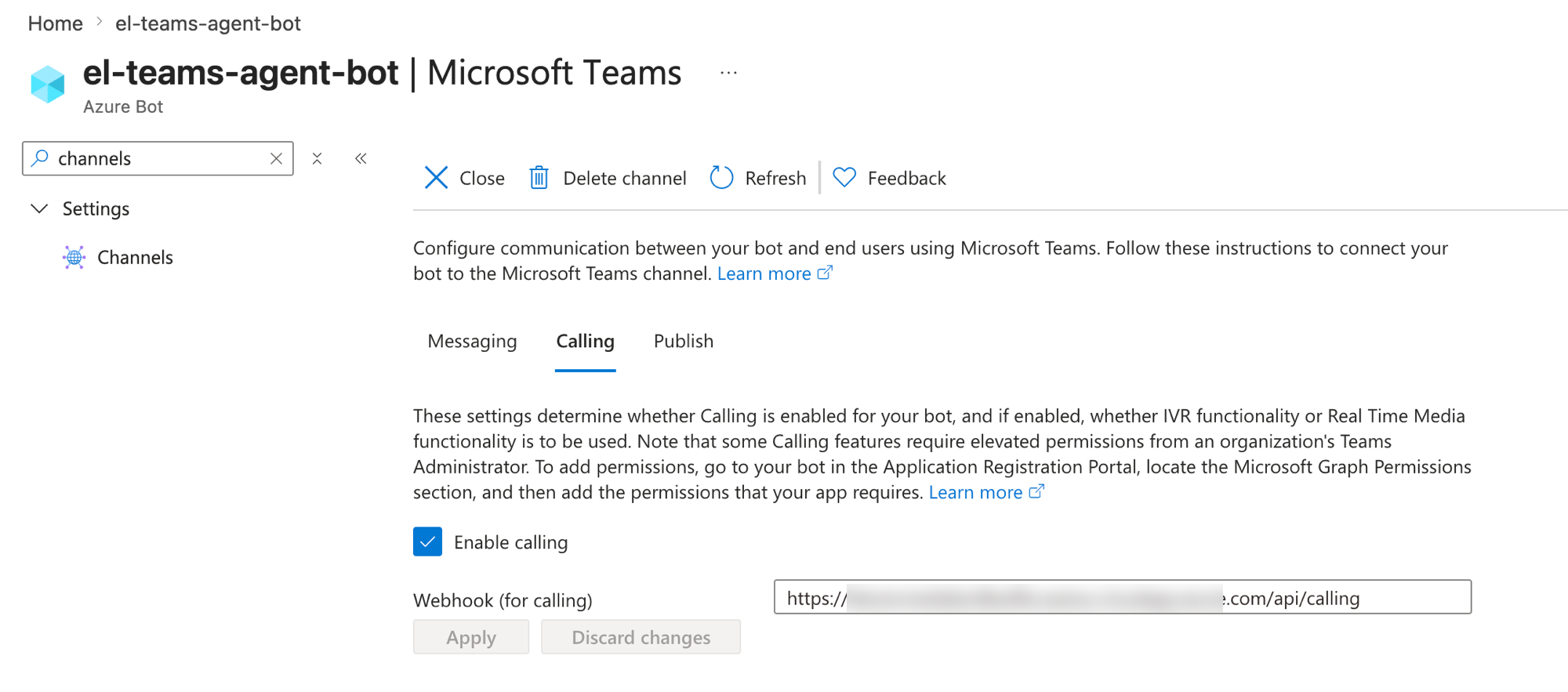 The Teams channel Calling tab with Enable calling checked and the calling webhook
set