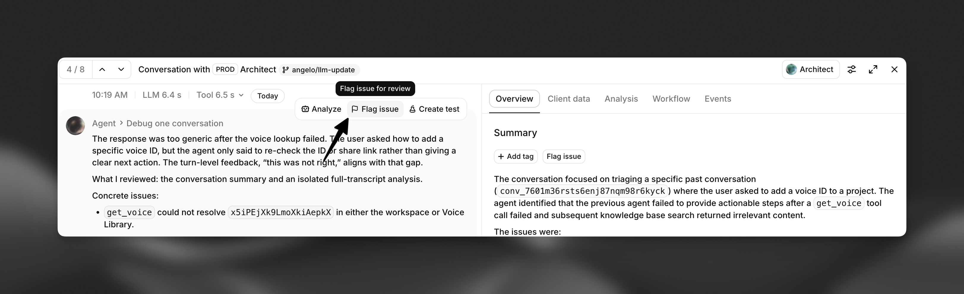 Flag issue button on a conversation