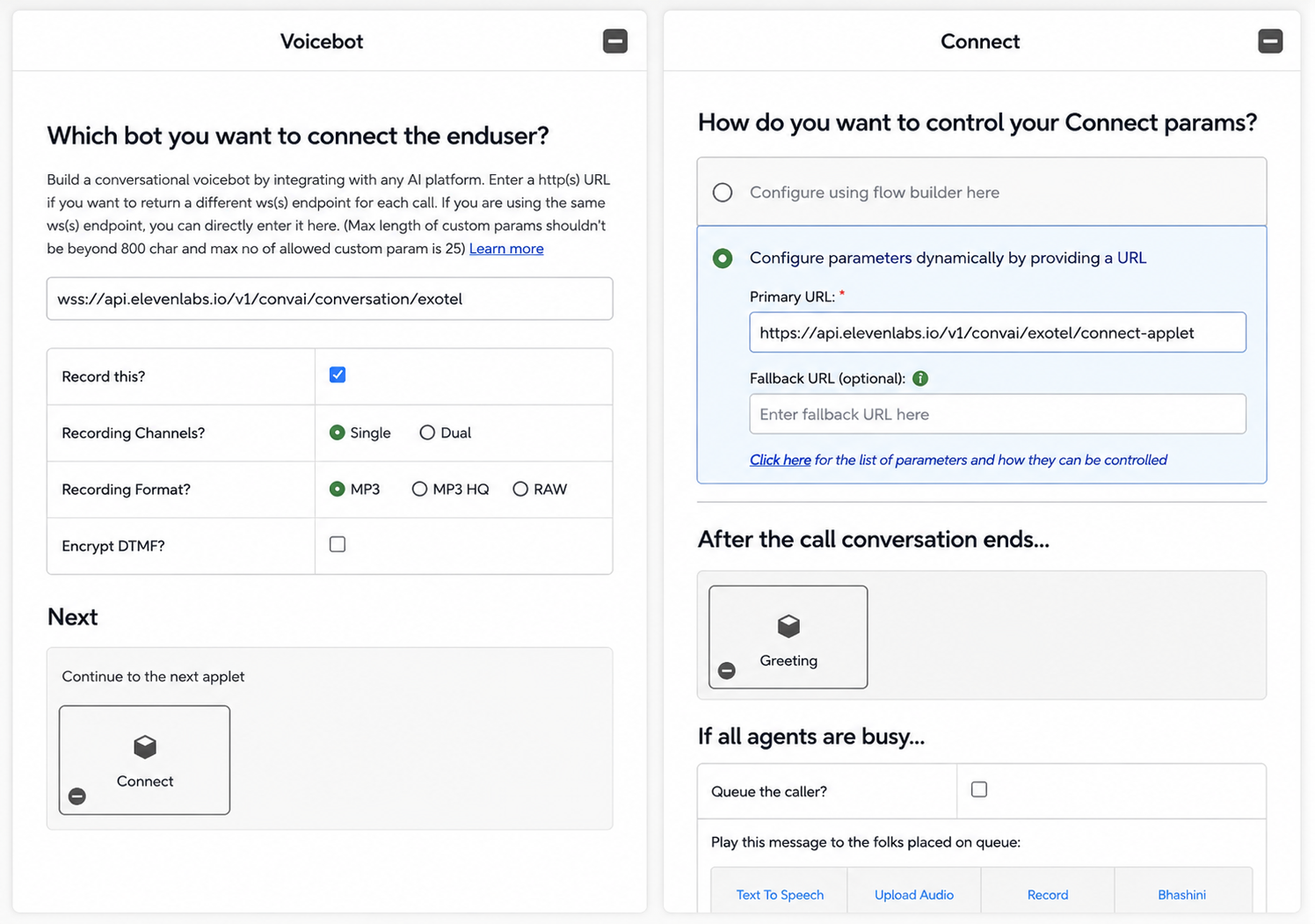 Connect applet configured with the ElevenLabs dynamic
URL