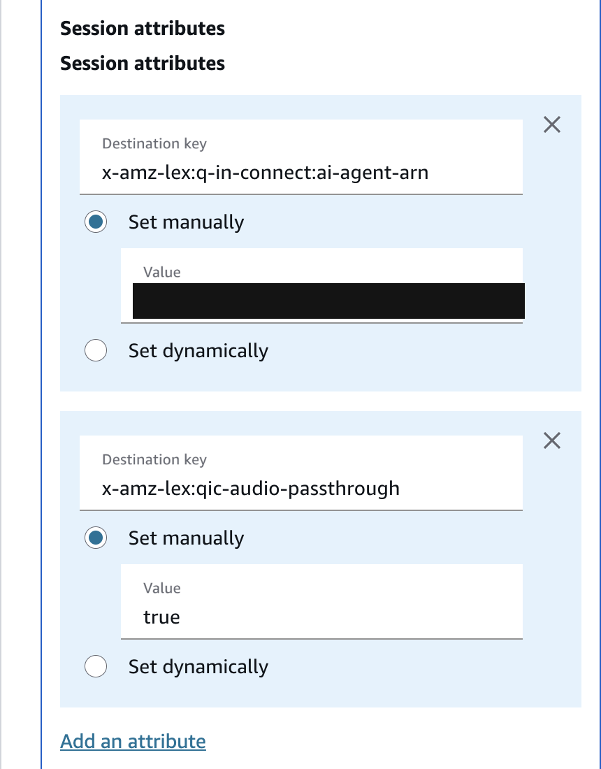 Session attributes of the Get customer input block: the versioned AI agent ARN and the audio
passthrough flag