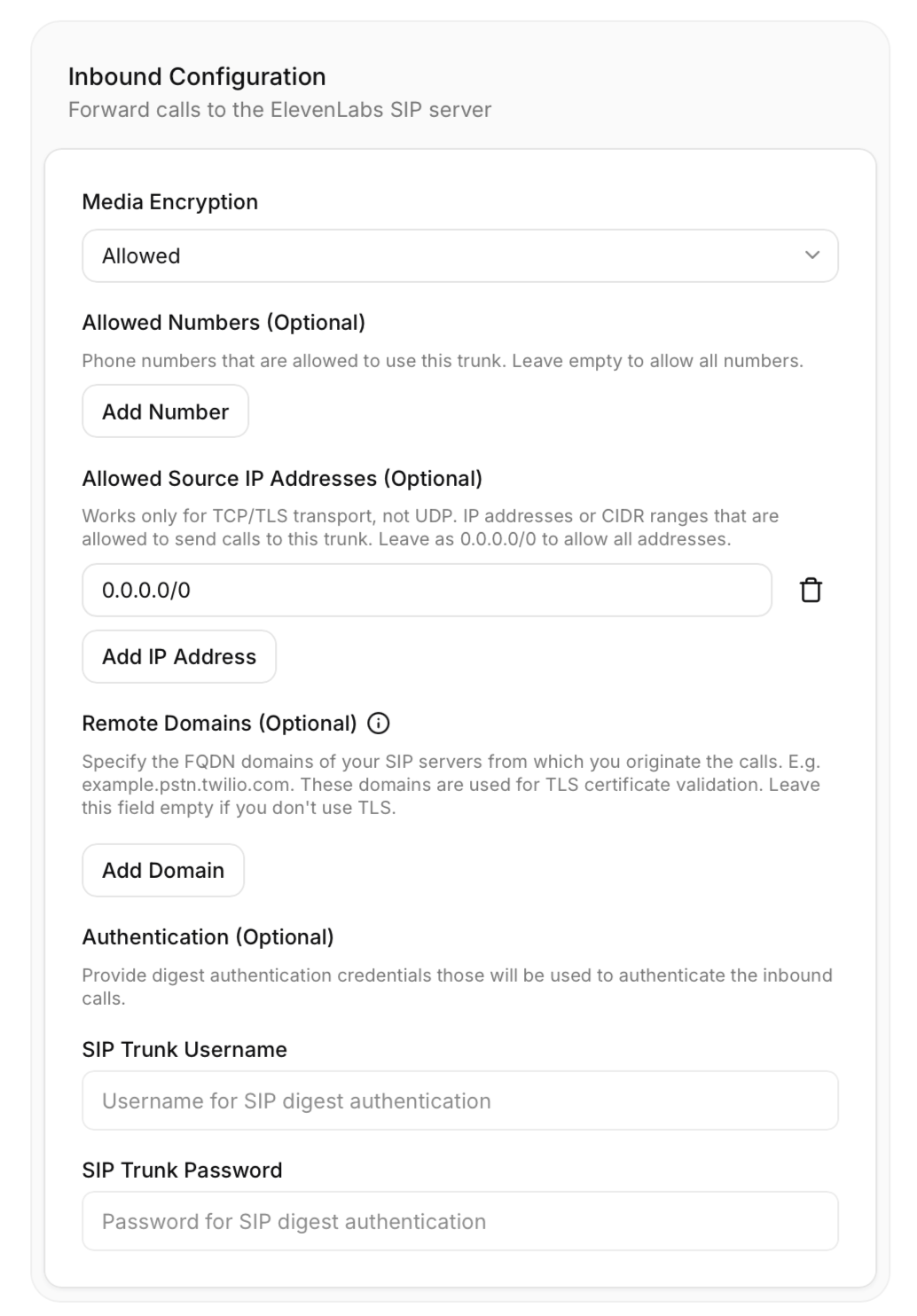 Konfiguration für eingehende Anrufe mit Medienverschlüsselung, zugelassenen Nummern, zugelassenen Quell-IP-Adressen, Remote-Domains und Authentifizierung