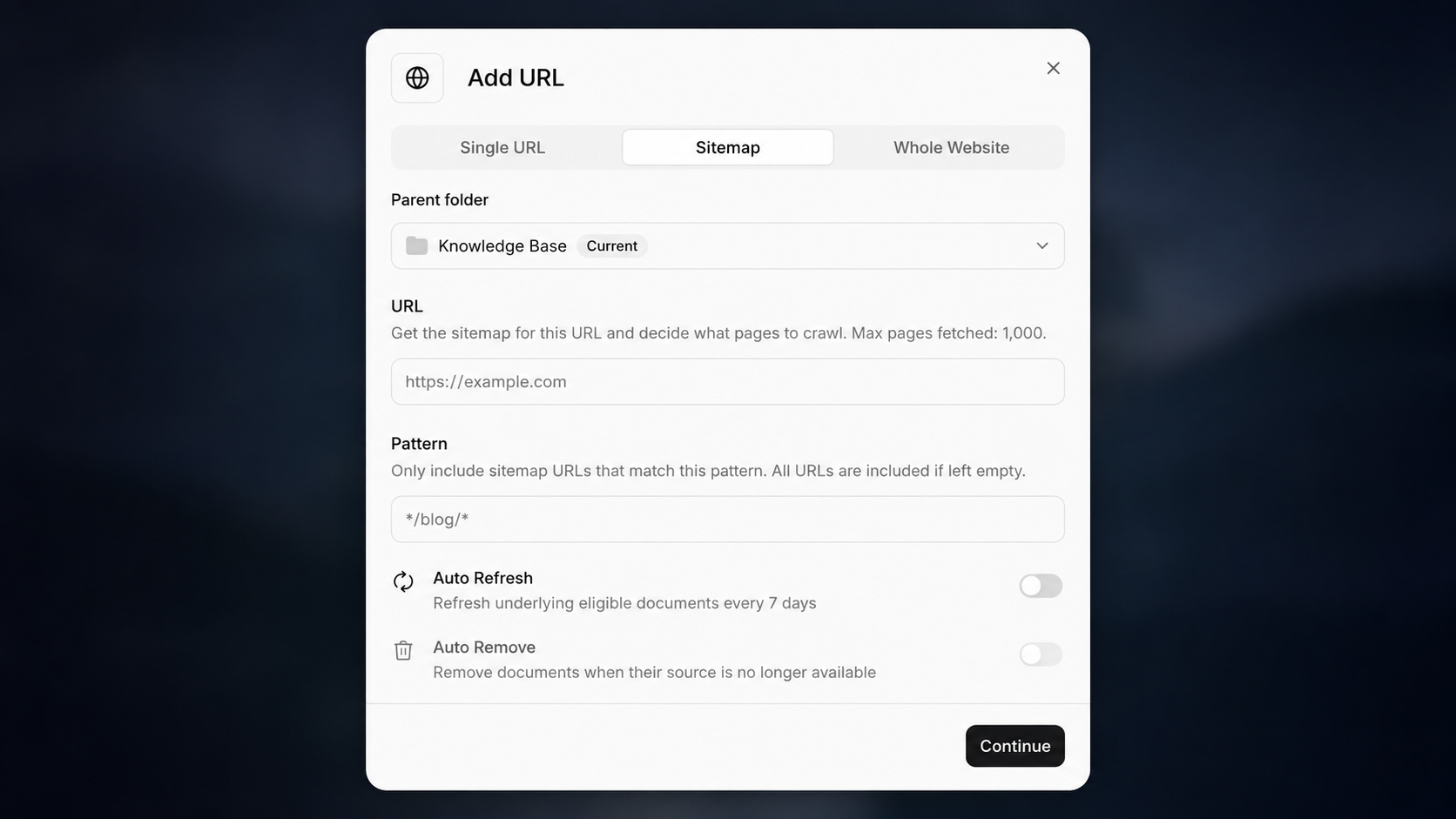 URL import interface where users can paste a documentation link