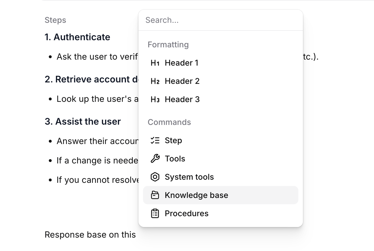 Slash menu in the procedure editor