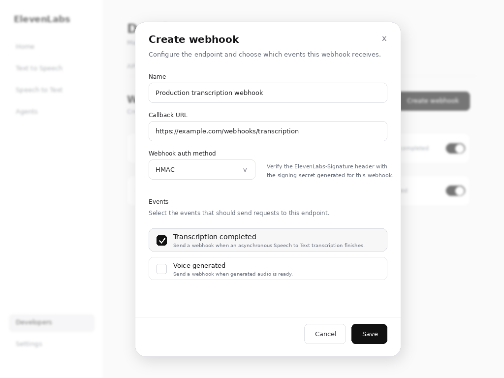 Create webhook dialog with Transcription completed selected