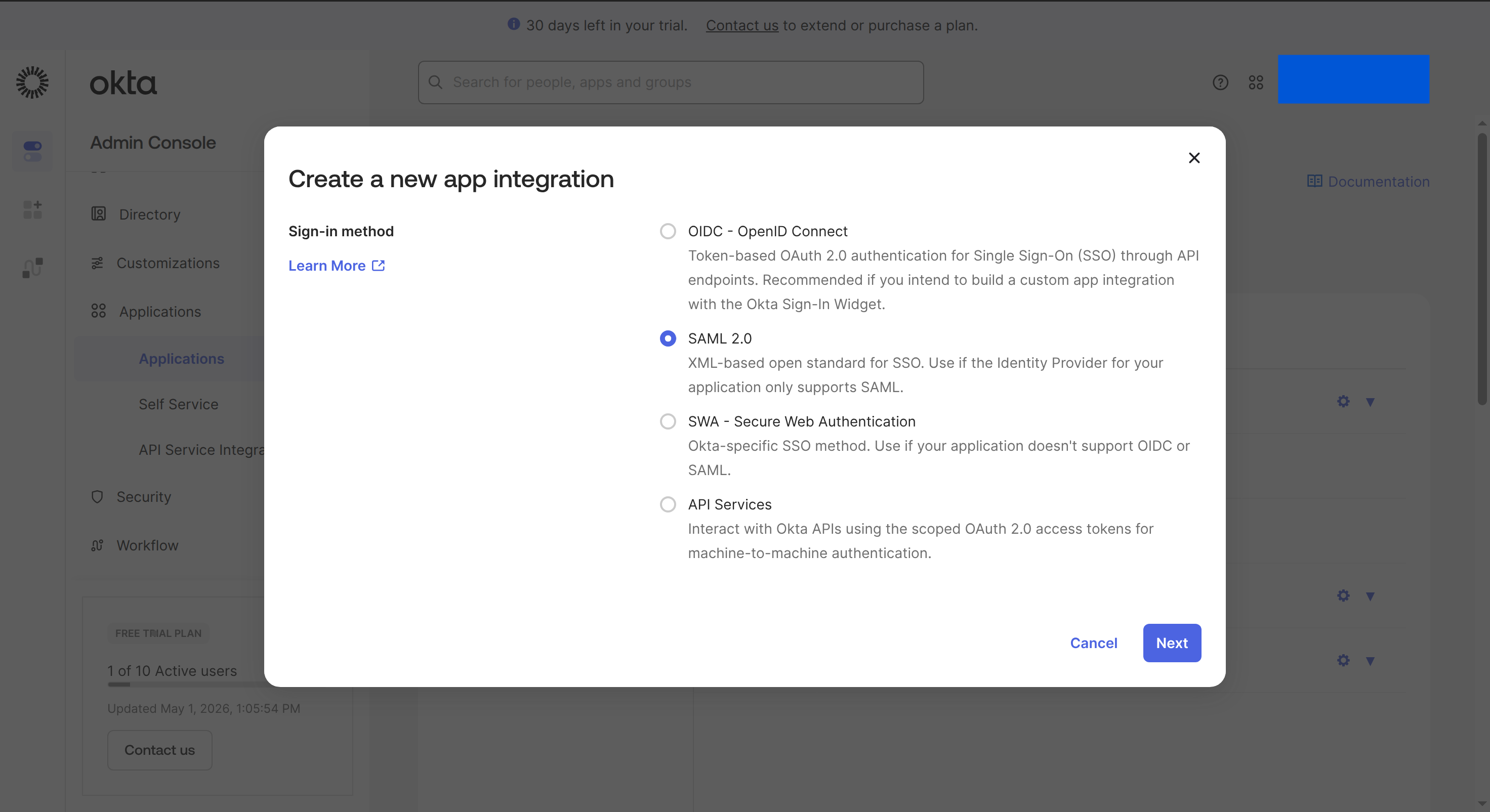 Okta Create a new app integration dialog with SAML 2.0 selected
