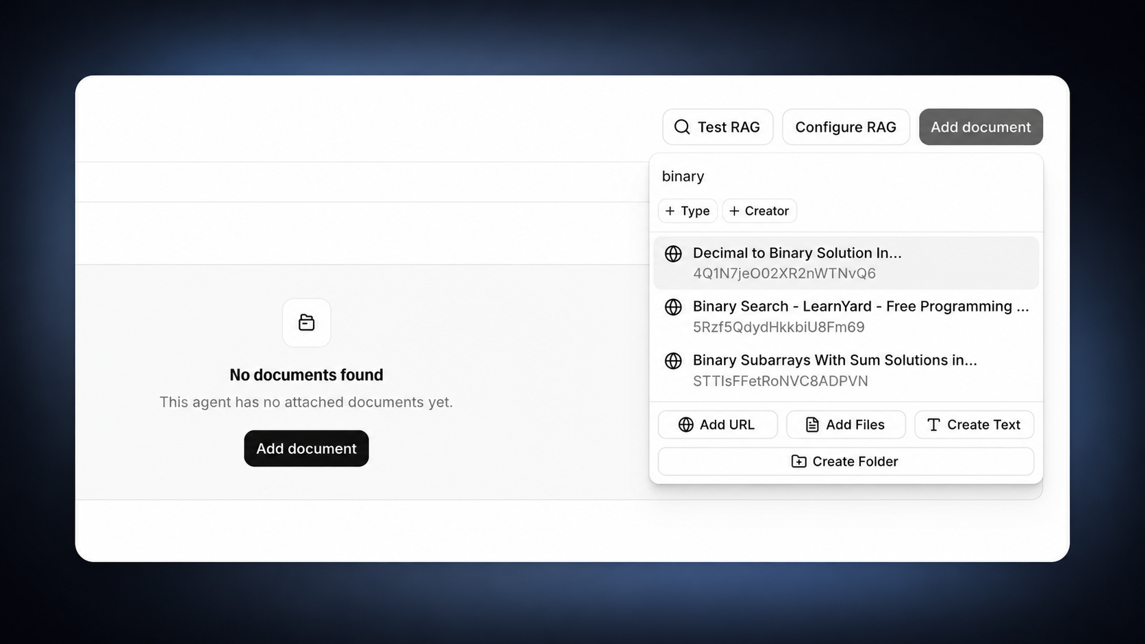 Interface for adding documents to an
agent