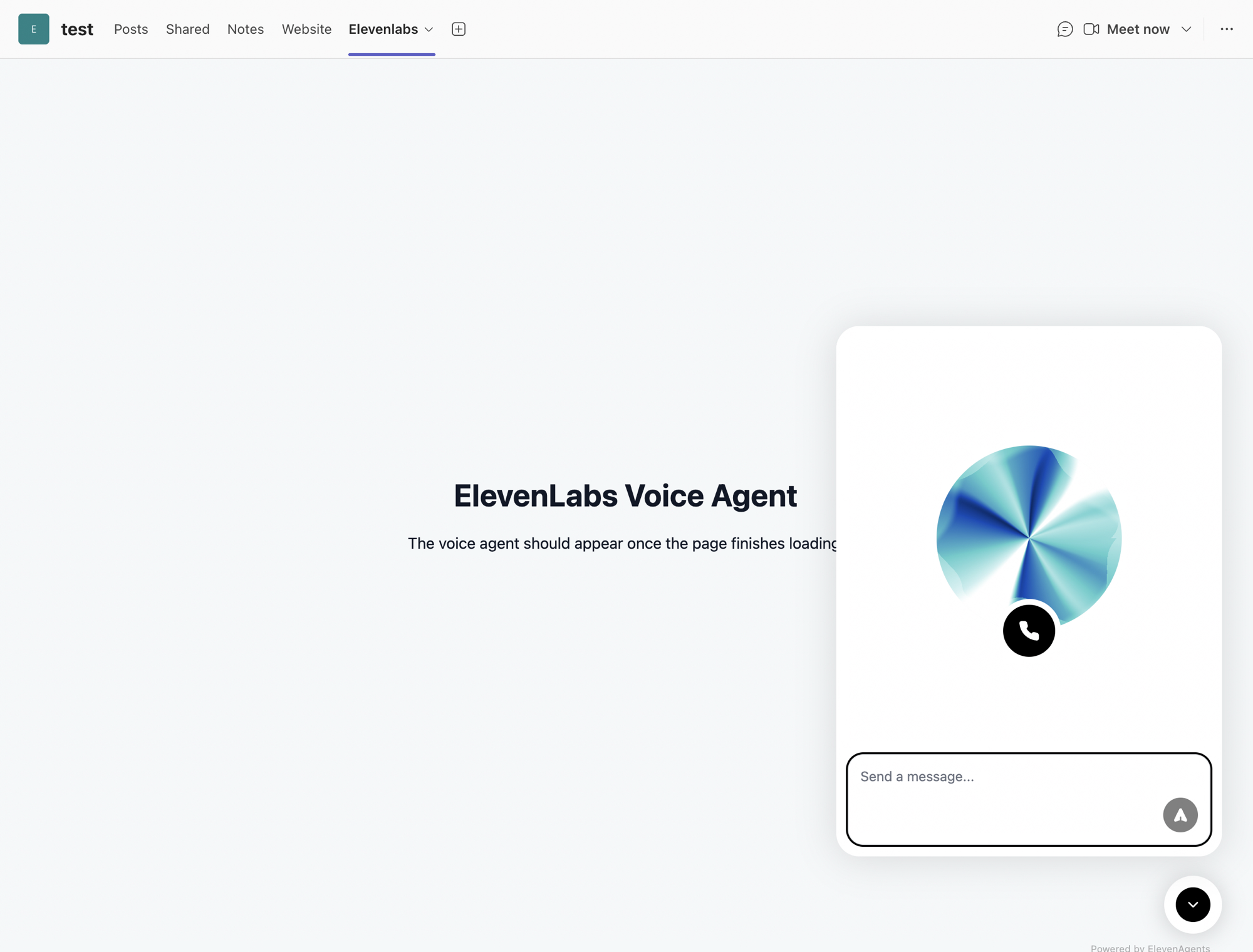 The ElevenLabs agent widget open in a Microsoft Teams
tab