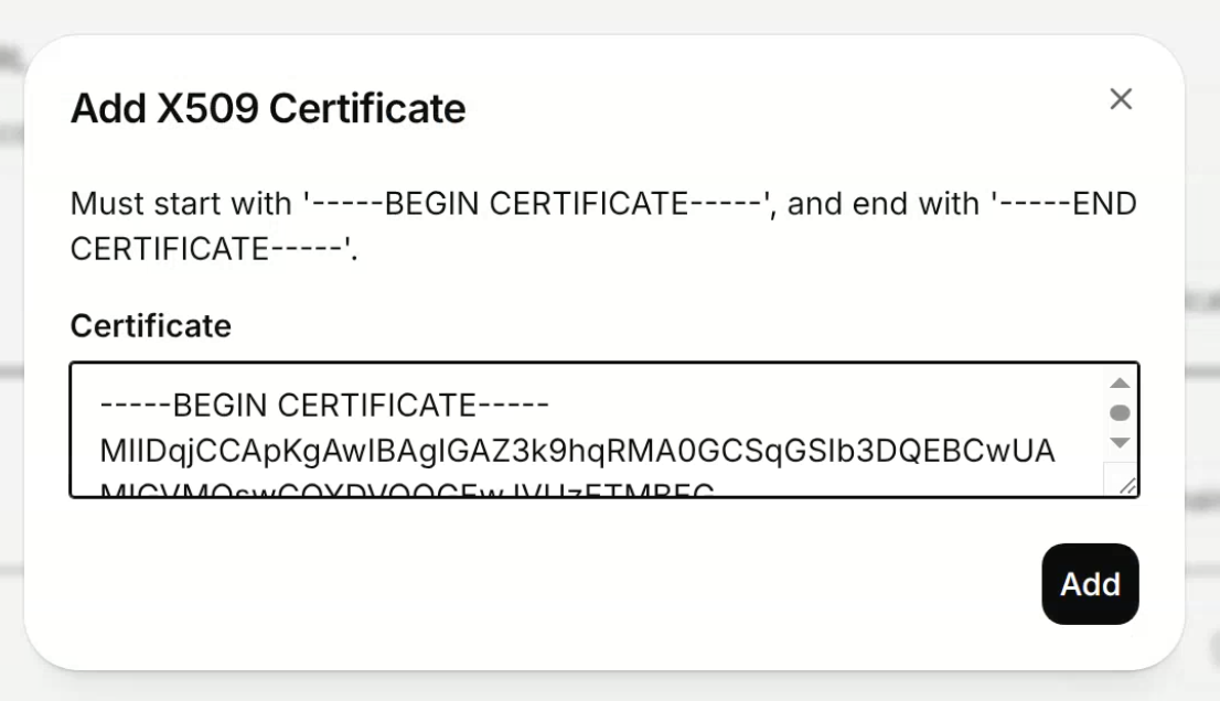 ElevenLabs Add X509 Certificate dialog
