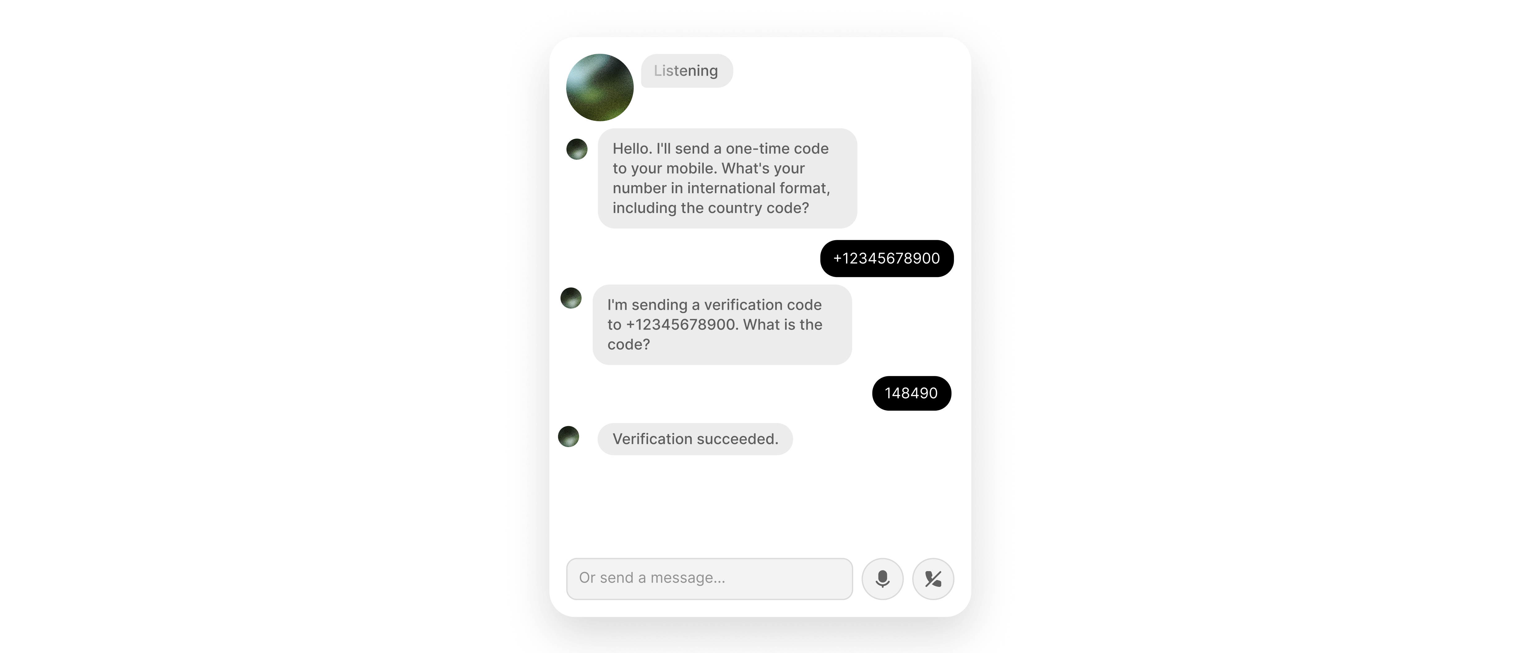 Agent conversation collecting a phone number, OTP code, and verification success