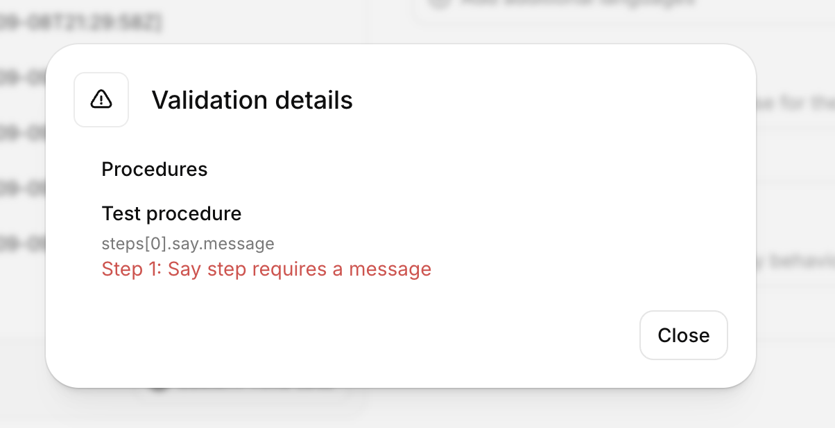 Validation details dialog listing the failing procedure and the step that needs a
message