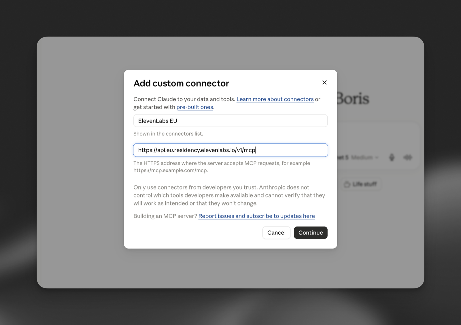 The Add custom connector dialog with the name ElevenLabs EU and the EU server URL filled in