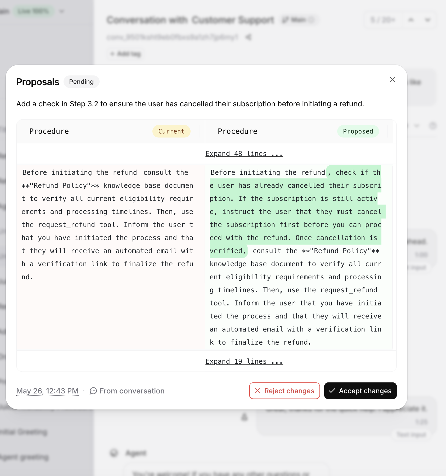 Coaching proposal with rationale and diff in the dashboard