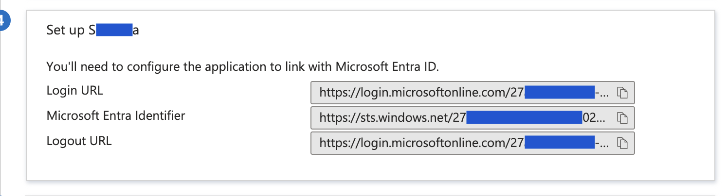 Microsoft Entra set up values showing Login URL and Microsoft Entra Identifier