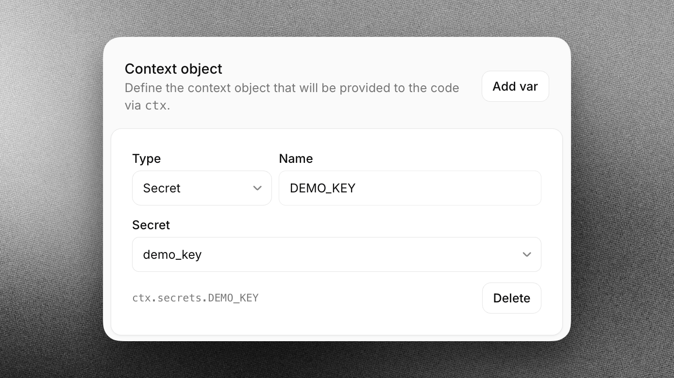 Mapping a workspace secret into a code tool's context object