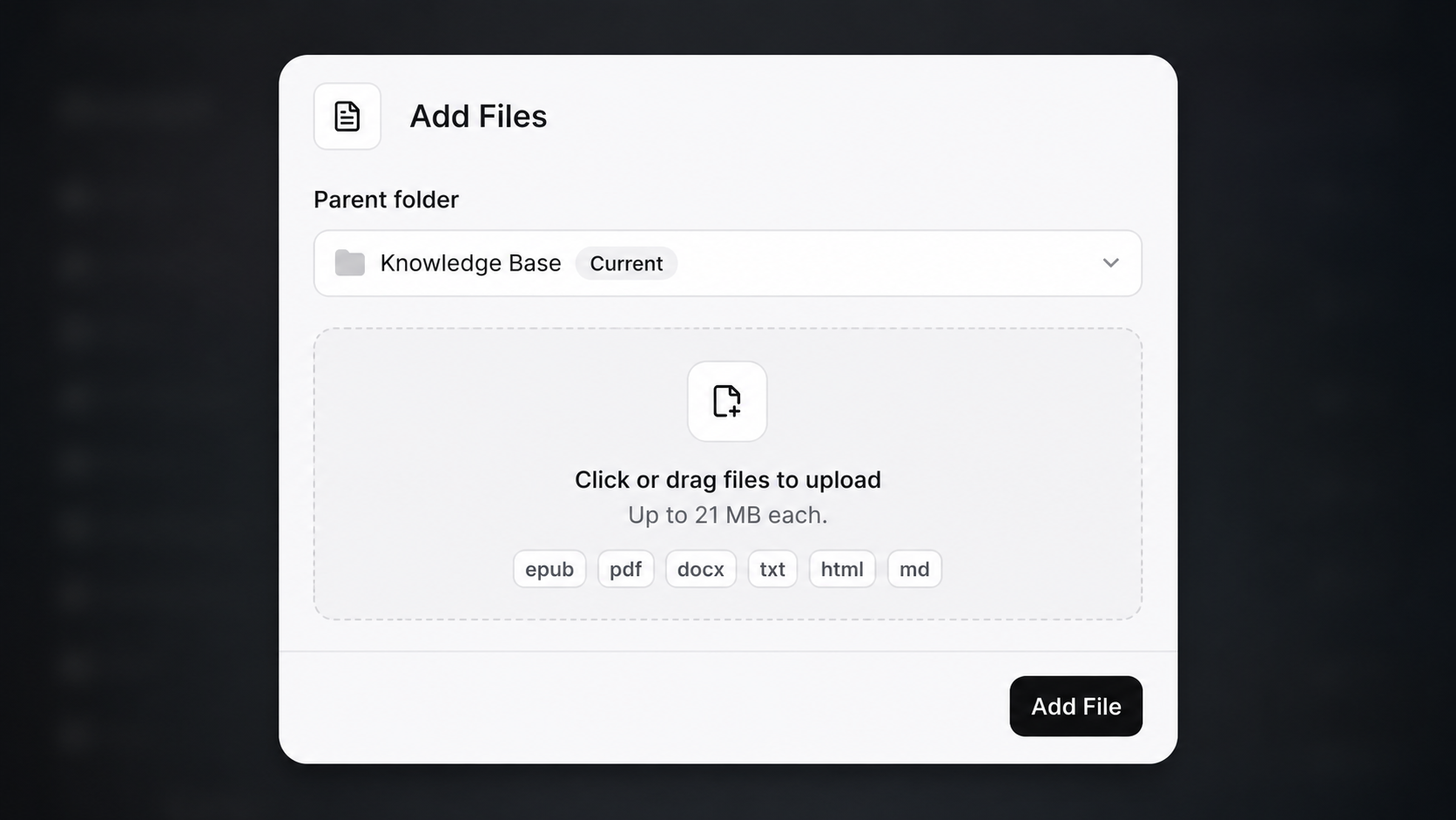 File upload interface showing supported formats and the 20MB size limit