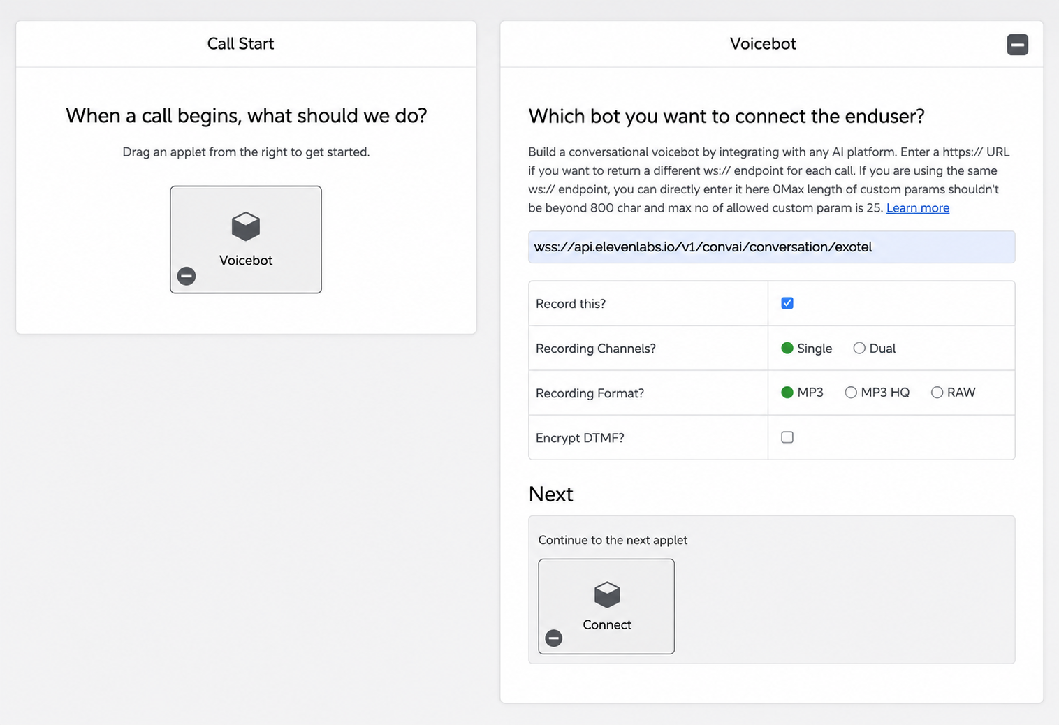 Voicebot applet configured with the ElevenLabs WebSocket
URL