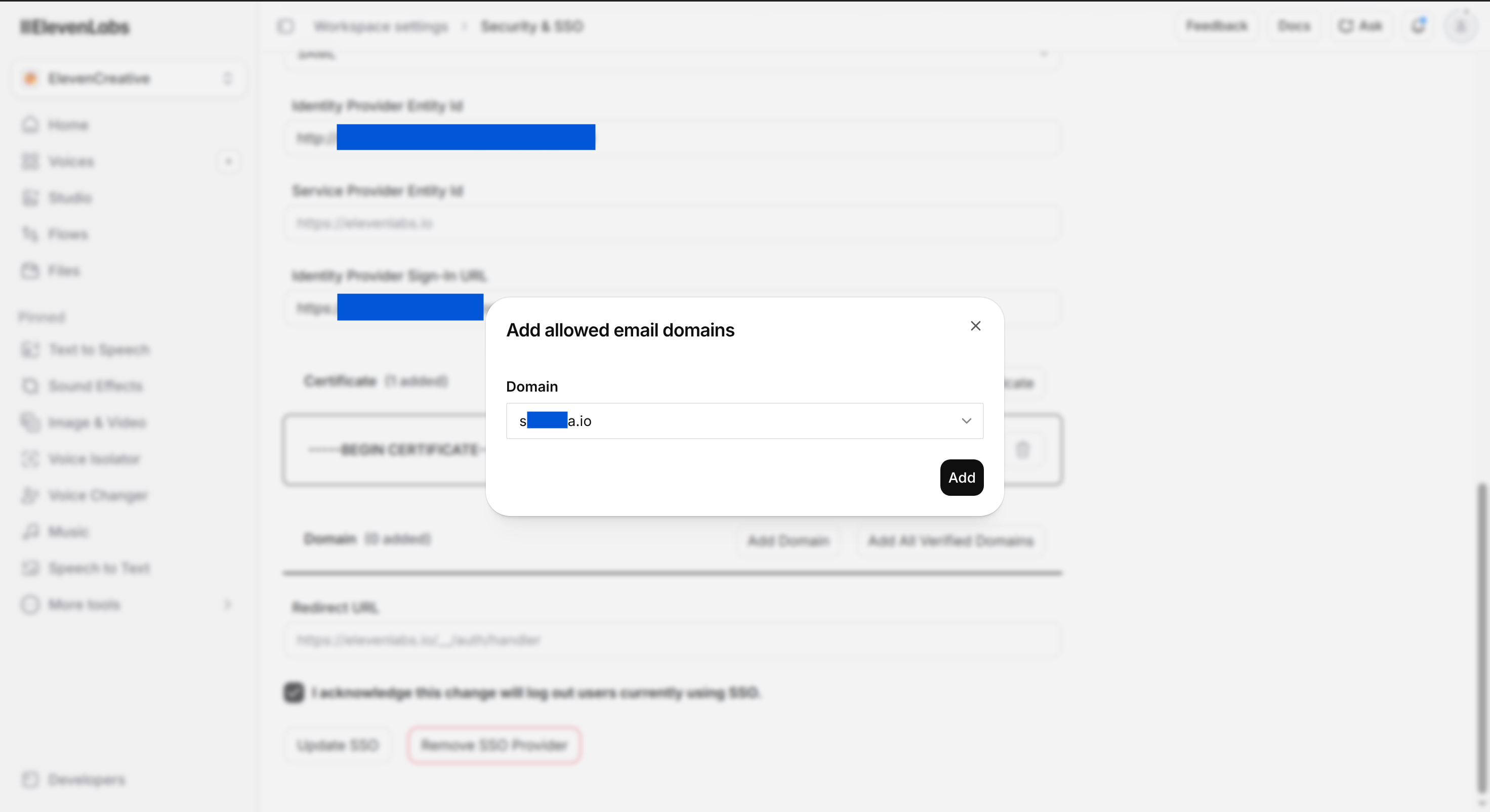 ElevenLabs Add allowed email domains dialog