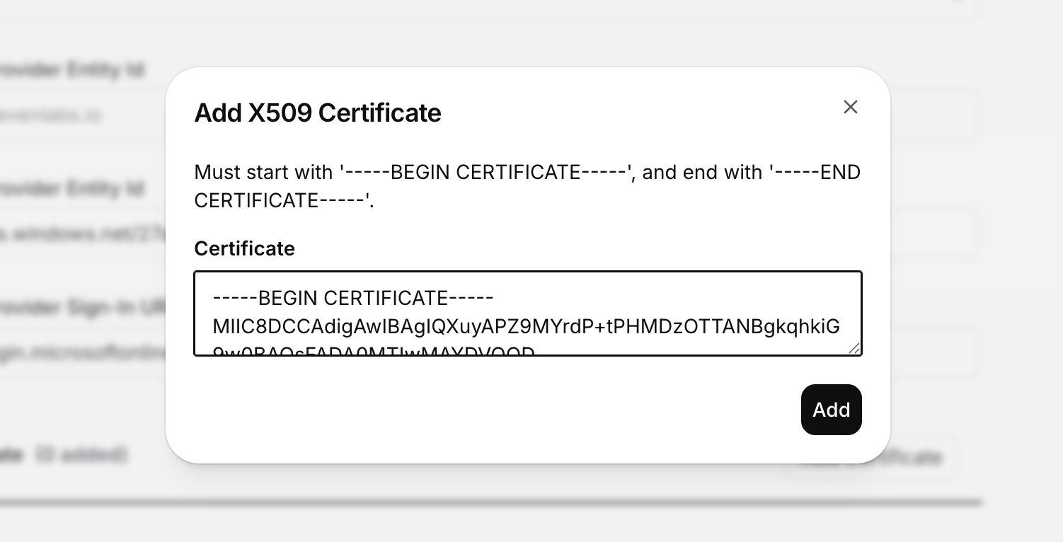 ElevenLabs Add X509 Certificate dialog