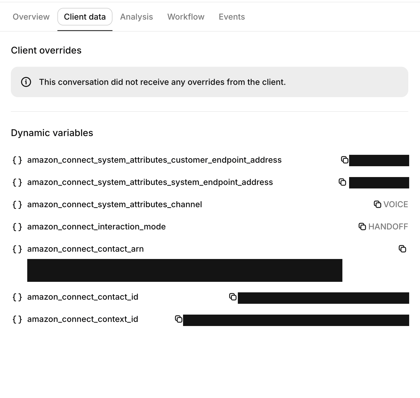 Tab „Clientdaten“ einer Amazon Connect-Unterhaltung mit den dynamischen Variablen von Amazon Connect