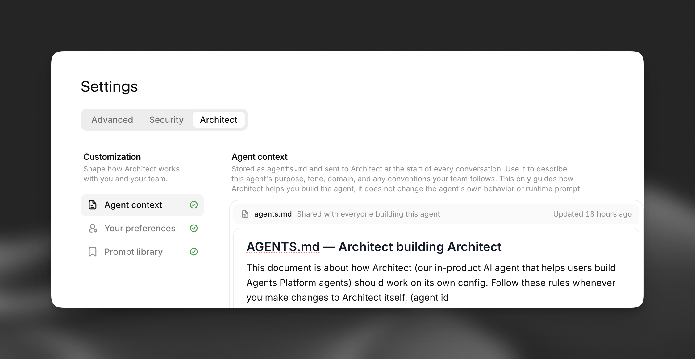 Ustawienia Architect dla agenta