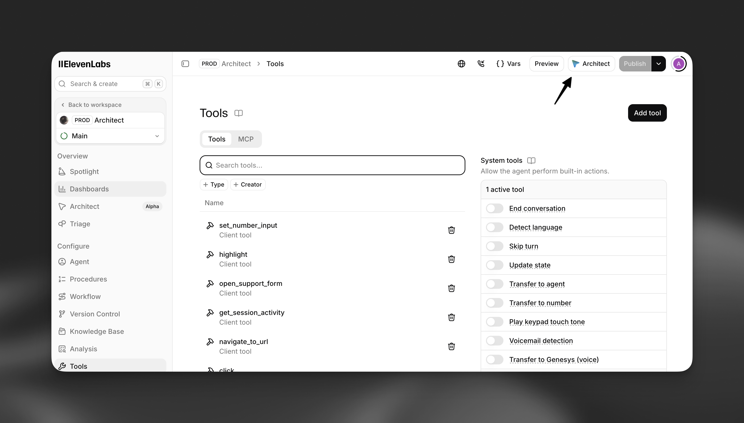 Architect header button