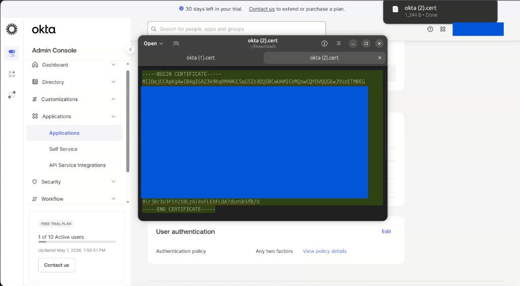 Okta certificate file in PEM format