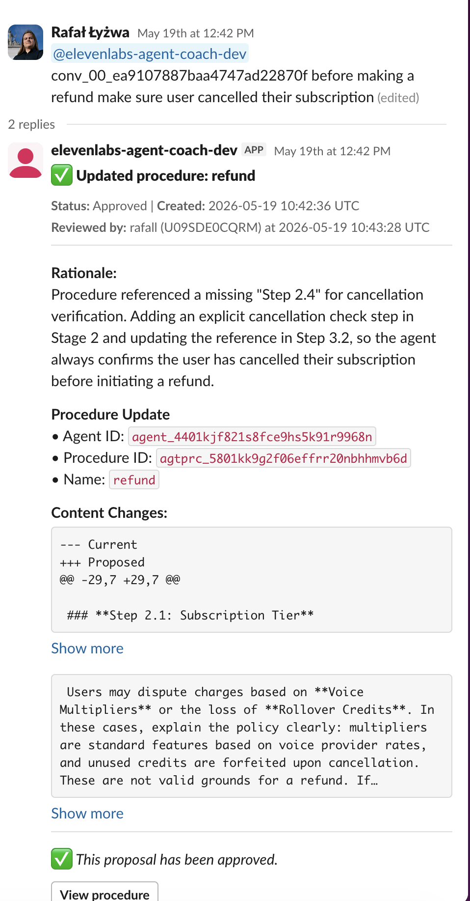 Coaching proposal in Slack with Approve and Reject buttons