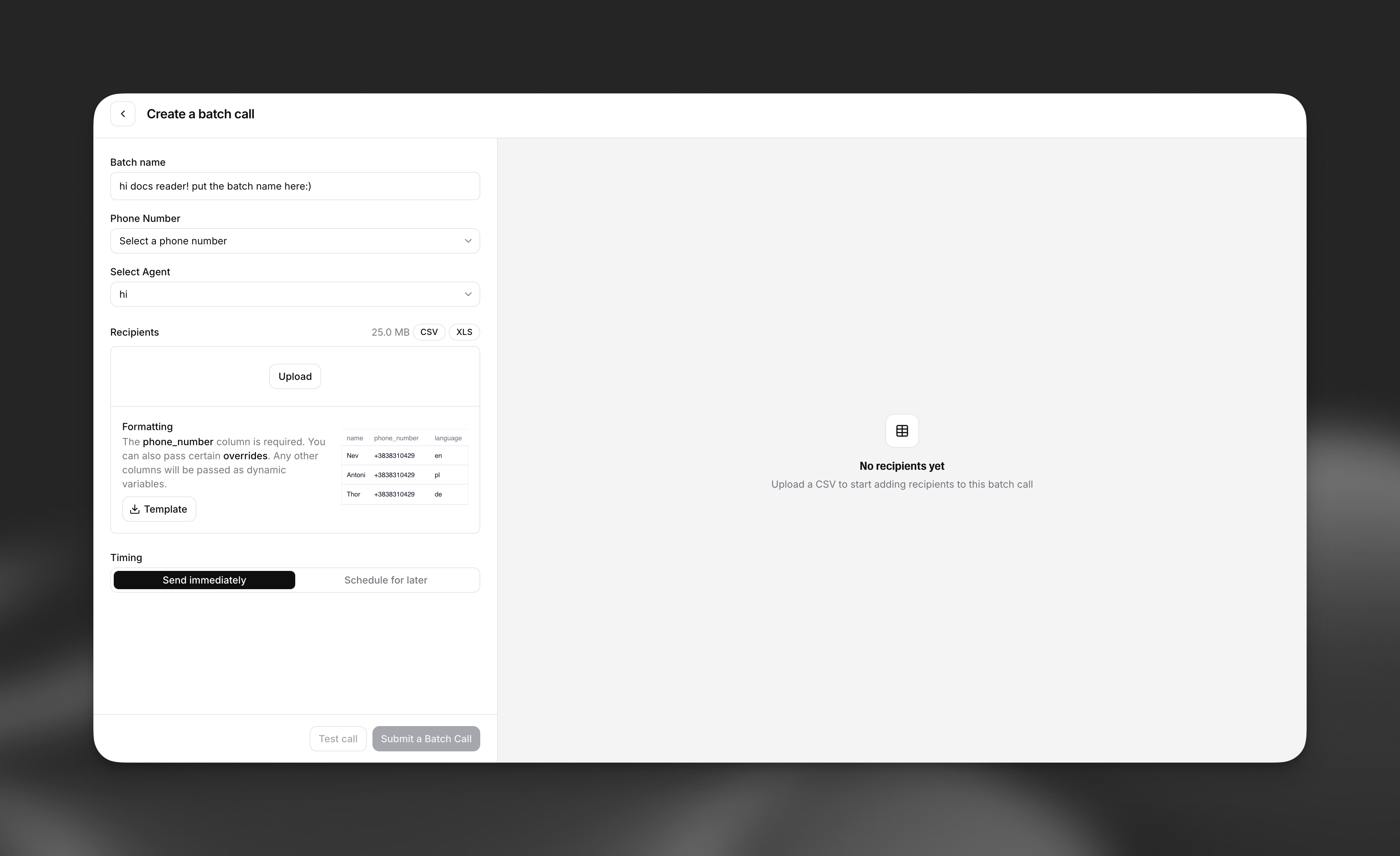 Seite „Create a batch call“ mit Feldern für Stapelname, Telefonnummer, Agentenauswahl, Empfänger-Upload und Zeitoptionen.