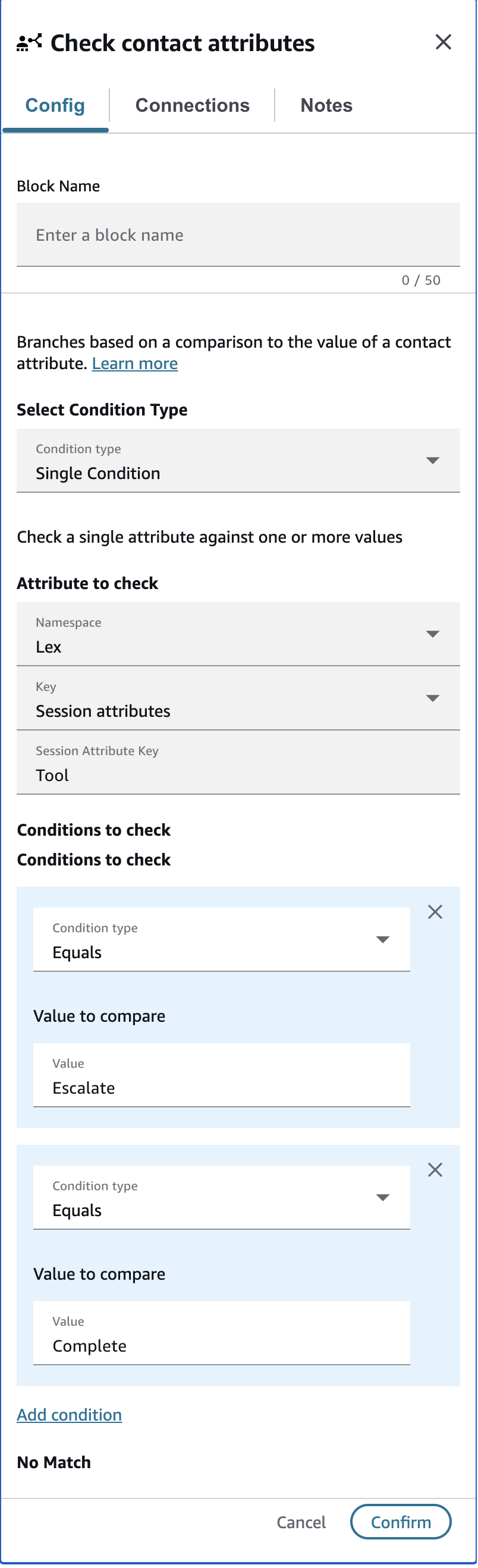 Bloco Verificar atributos de contato configurado no atributo de sessão Lex Tool com condições É igual a
para cada resultado