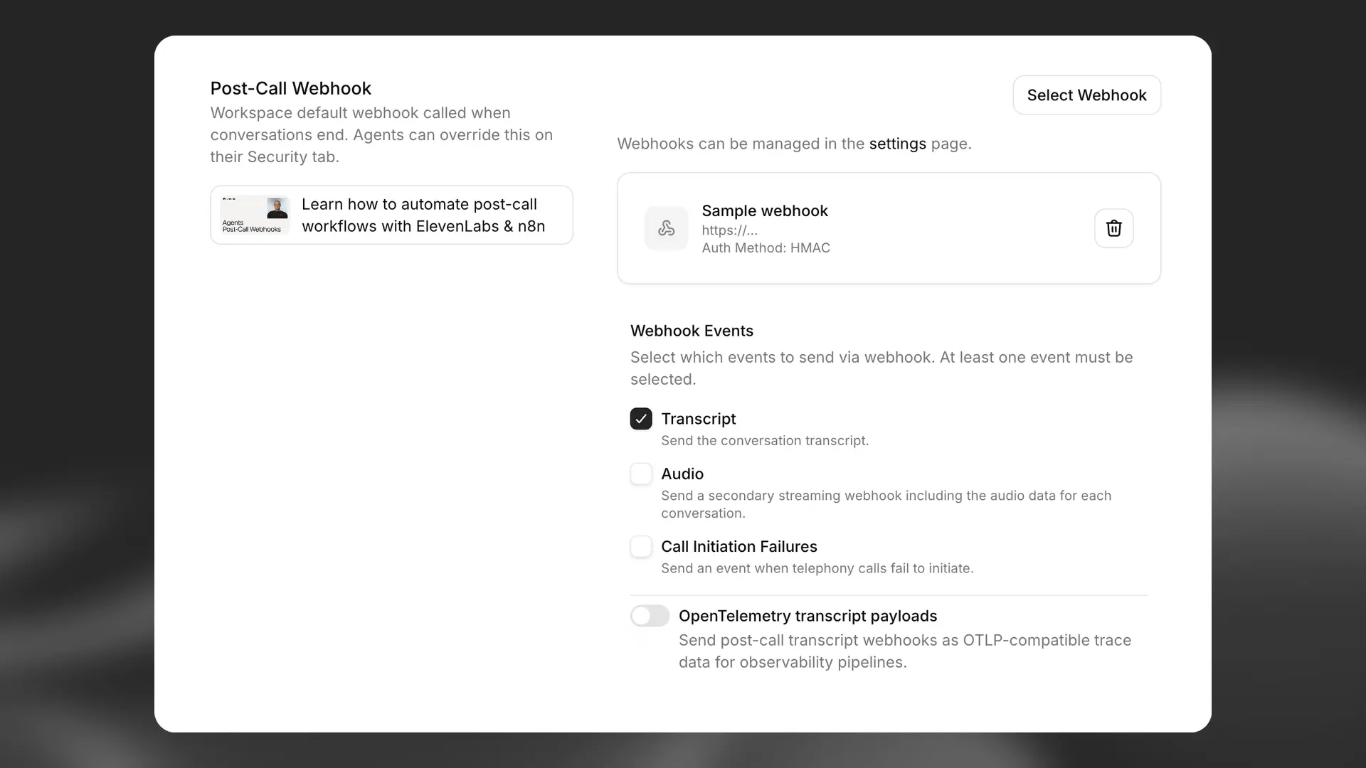 Post-call webhook settings