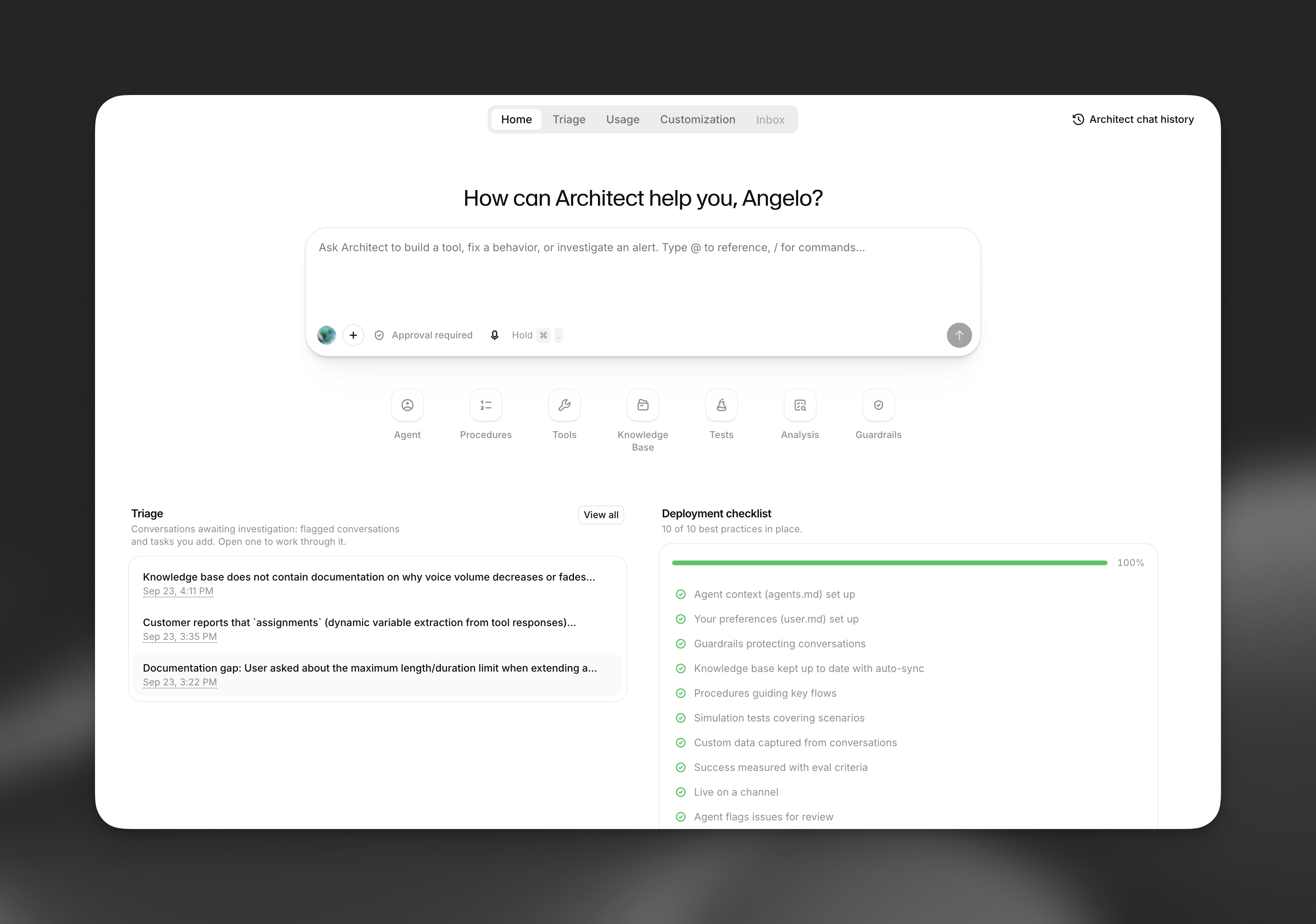 Architect tab home screen