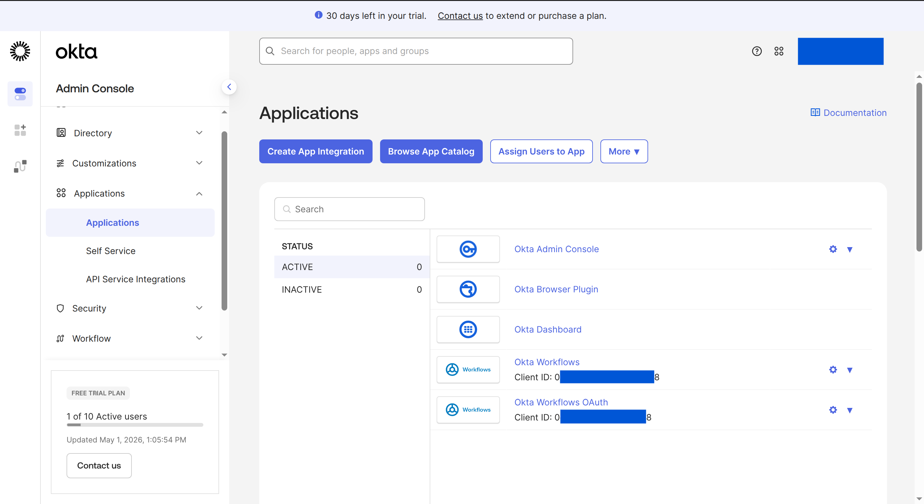 Okta Applications page with Create App Integration