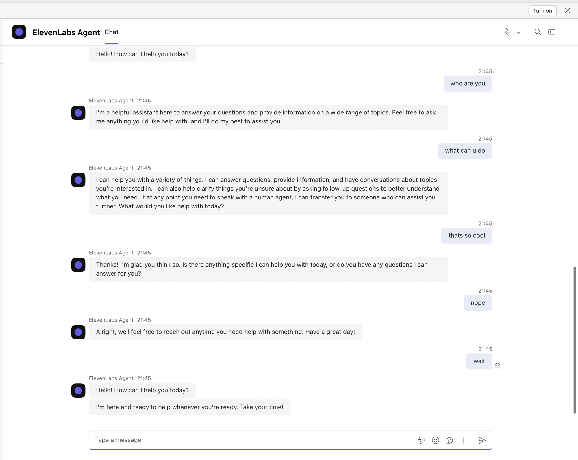 A Teams chat with the ElevenLabs agent bot answering text
messages