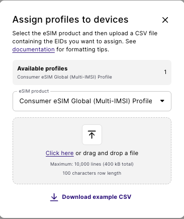 The Assign profiles to devices dialog, with the eSIM product selector and the CSV upload area.