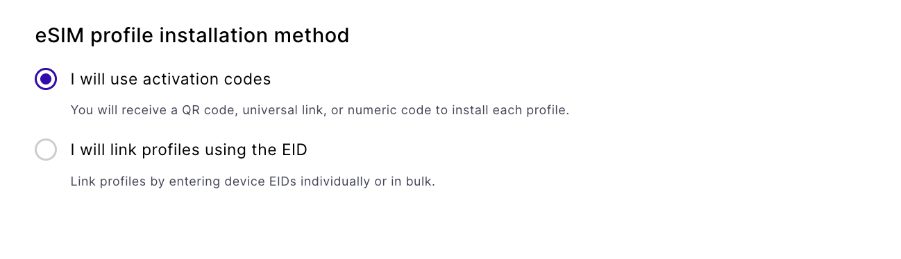 The eSIM profile installation method at checkout, with activation codes selected.
