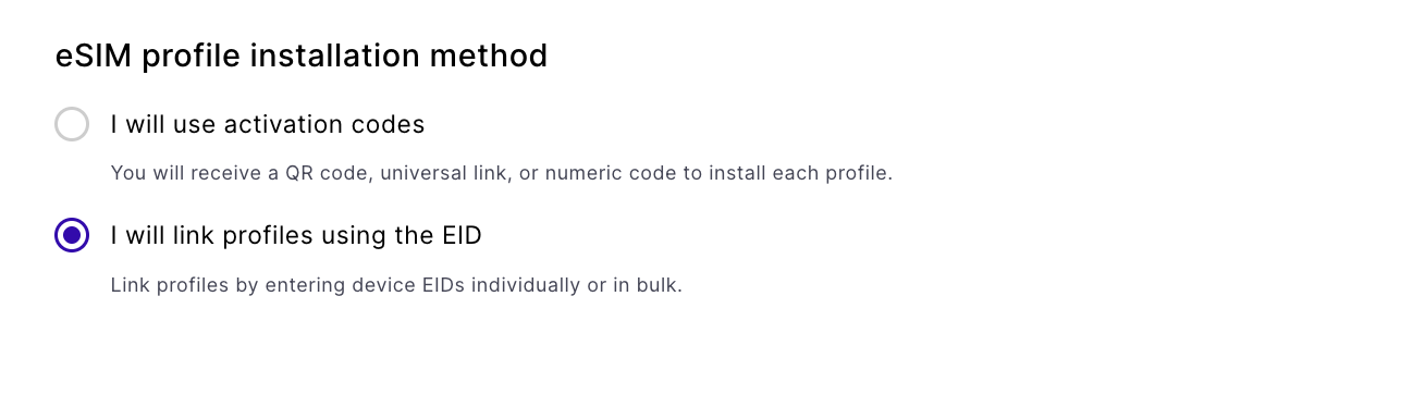 The eSIM profile installation method at checkout, with EID linking selected.