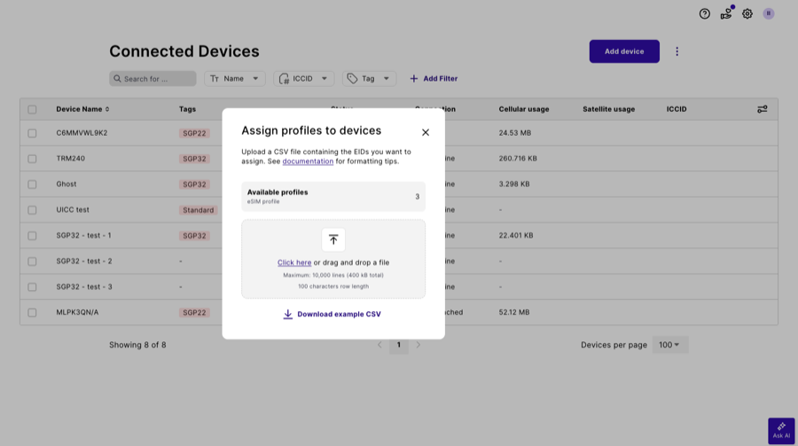 Assign profiles to devices dialog.