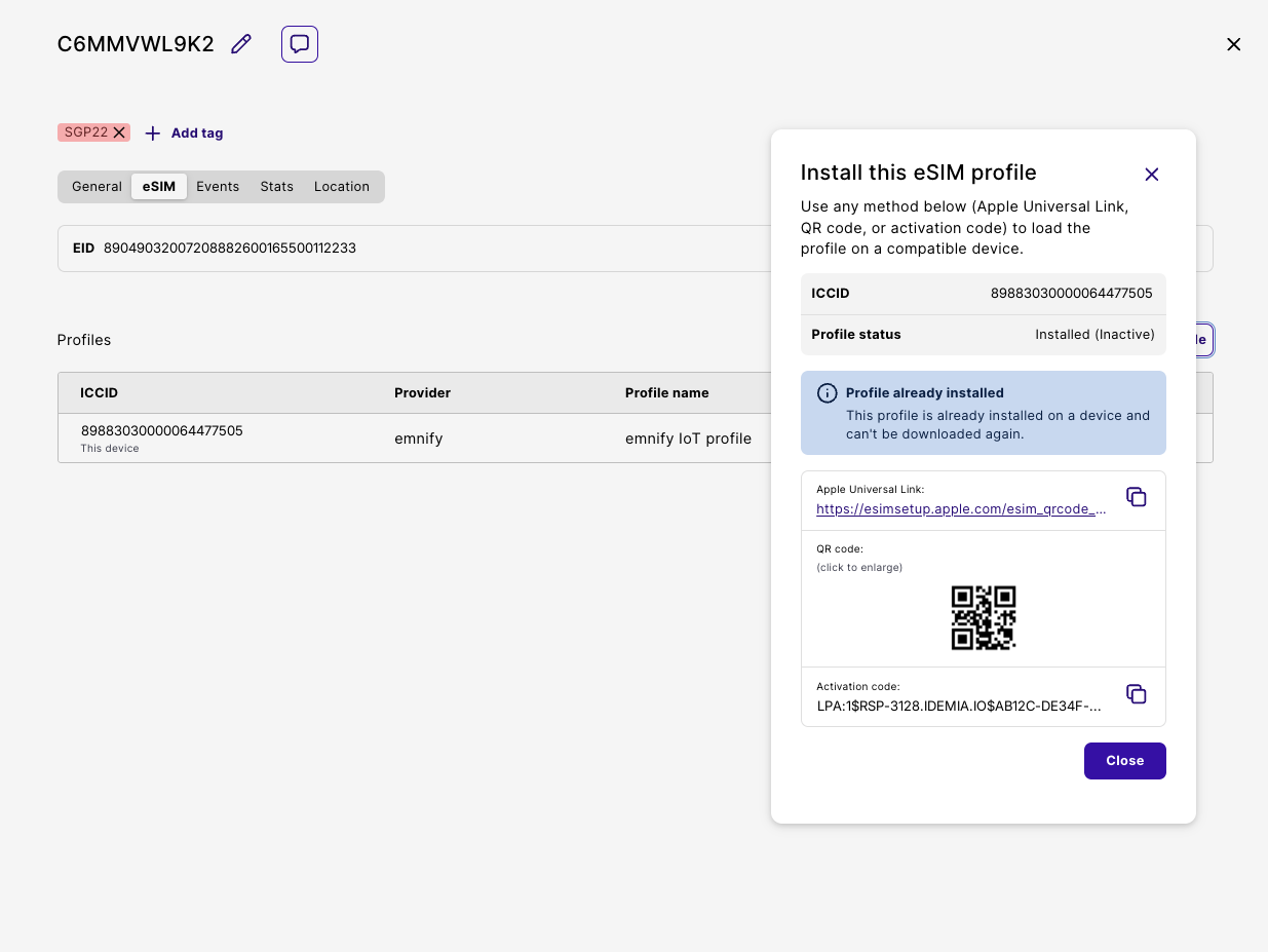 The Install this eSIM profile dialog, showing the Apple Universal Link, QR code, and activation code for a device.