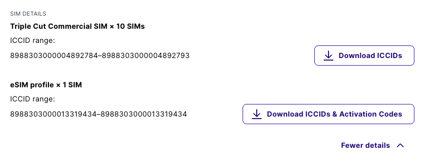 The eSIM profile row on the Orders page, with the Download ICCIDs & Activation Codes button.