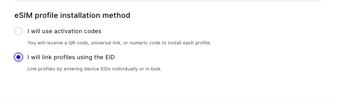 The eSIM profile installation method options on the Set up your SIMs page.