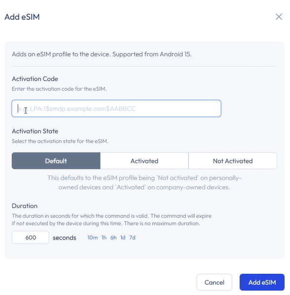The Applivery Add eSIM dialog, showing the Activation Code, Activation State and Duration fields.